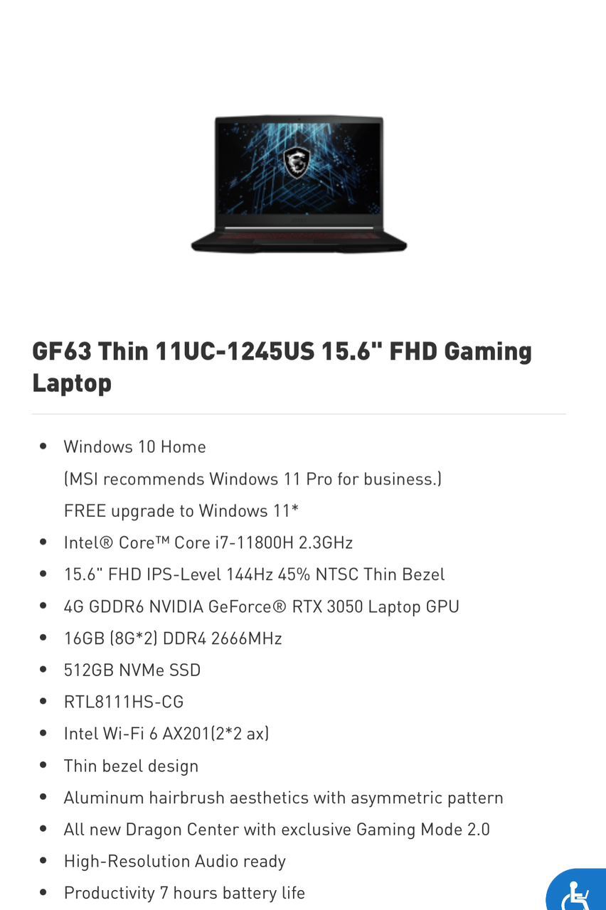 GF63 Thin 11UC-1245US 15.6" FHD Gaming Laptop