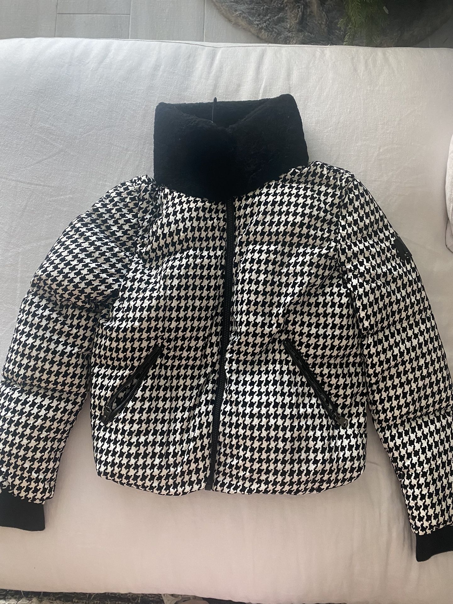 Mackage Houndstooth Down Jacket With Sherpa Collar
