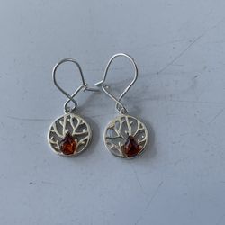 Tree Branch Amber Drop Dangle Earrings Set in Sterling Silver With Teardrop Stone