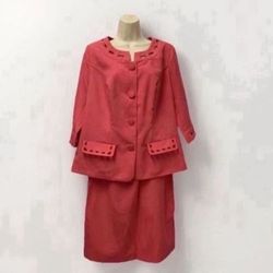 ✨New✨ Adult Women Size 14 W 2-piece Pink Coral Suit Skirt Blazer Jacket Button Up 3-4 Sleeve Elastic Waist Knee Length