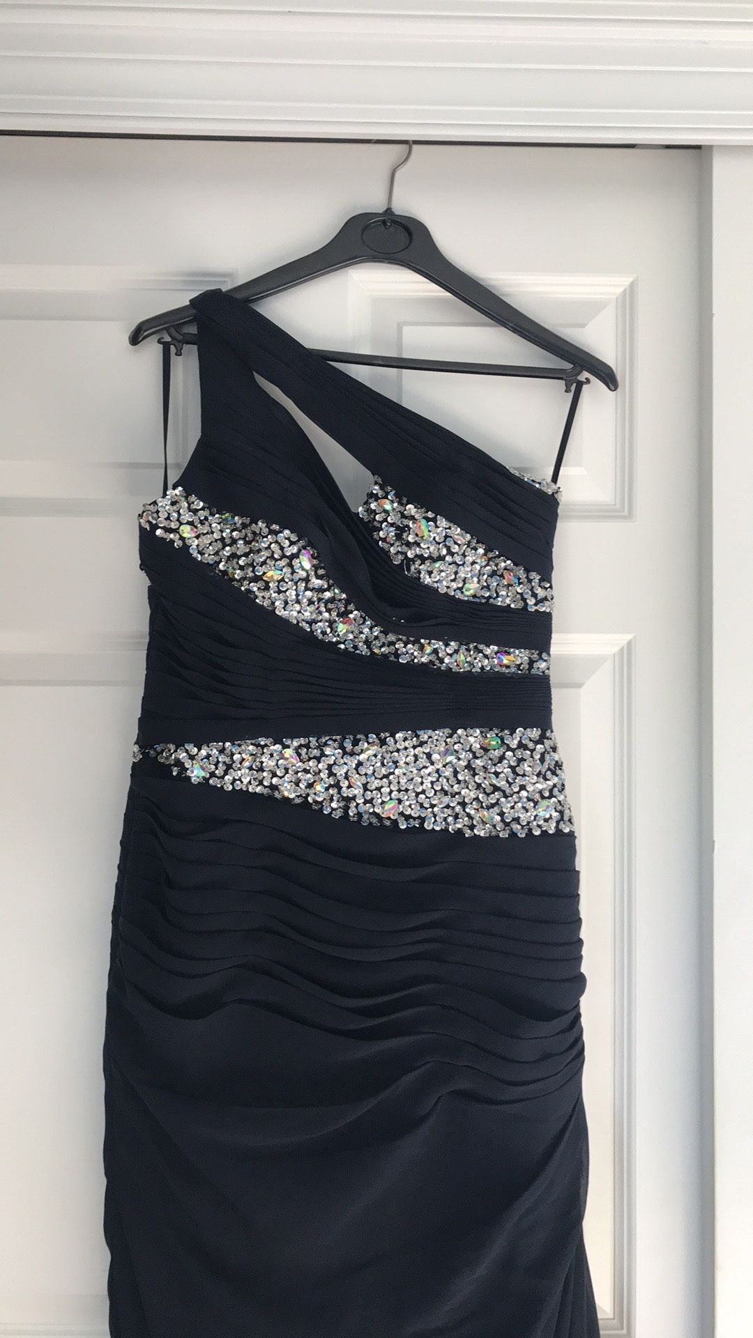 Navy taffeta dress with silver sequins size 8