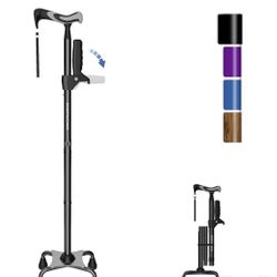 KingPavonini Walking Cane for Women/Men with Second Handle, Foldable & Adjustable Quad Cane with 4-Pronged Base for Standing, Lightweight Walking Aid 