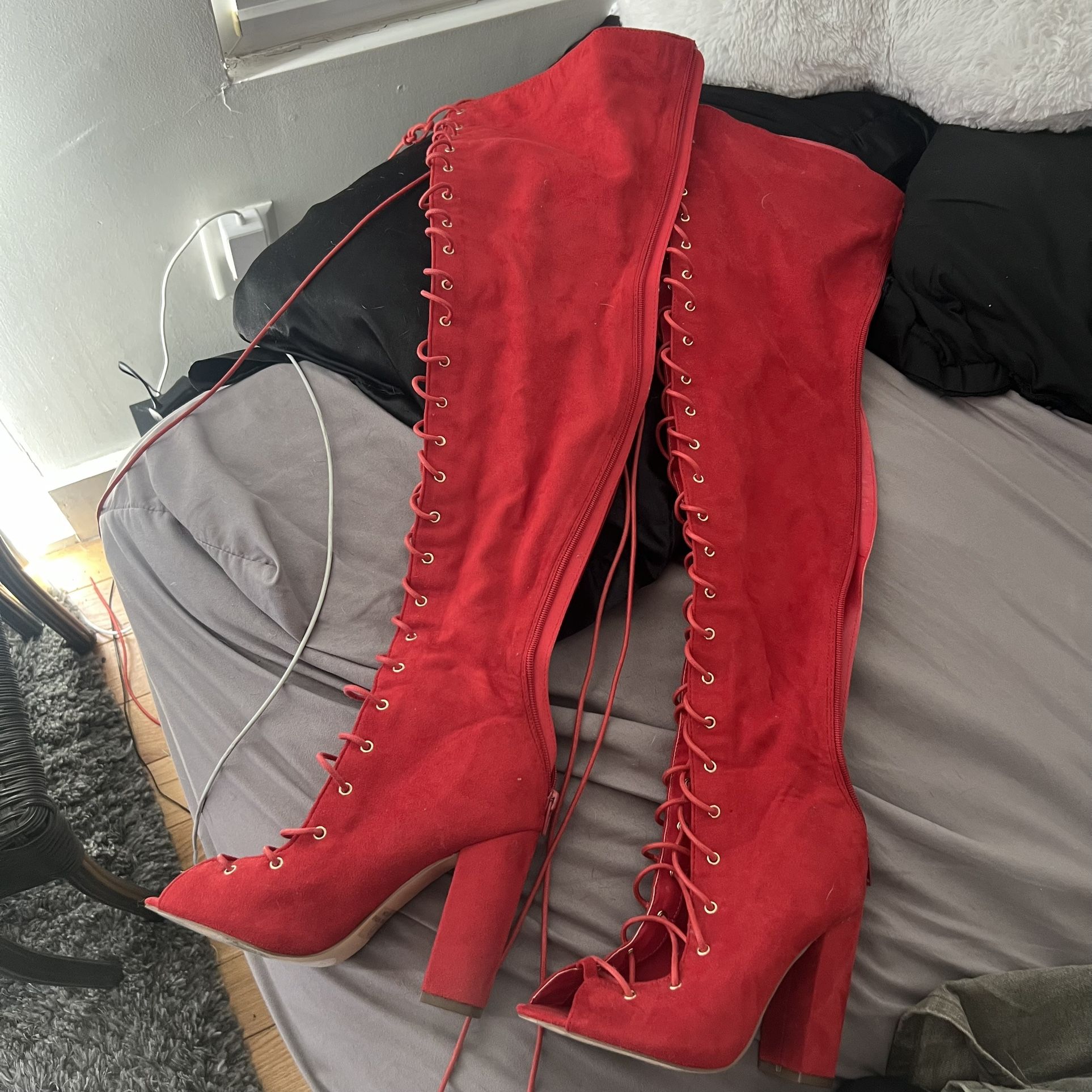 RED OPEN TOE THIGH HIGH BOOTS