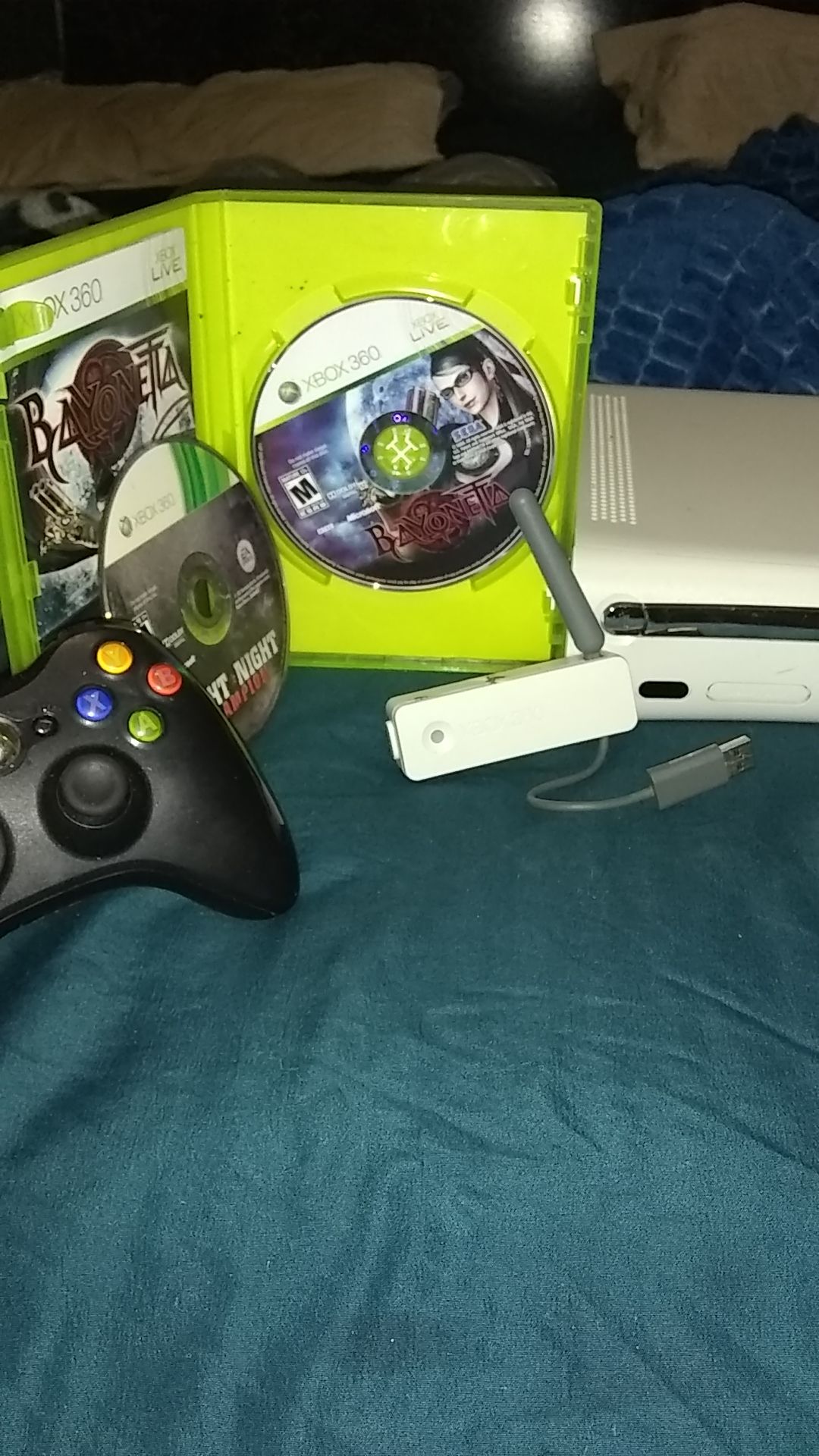 Xbox 360 with network adapter one wireless remote control and 2 video games