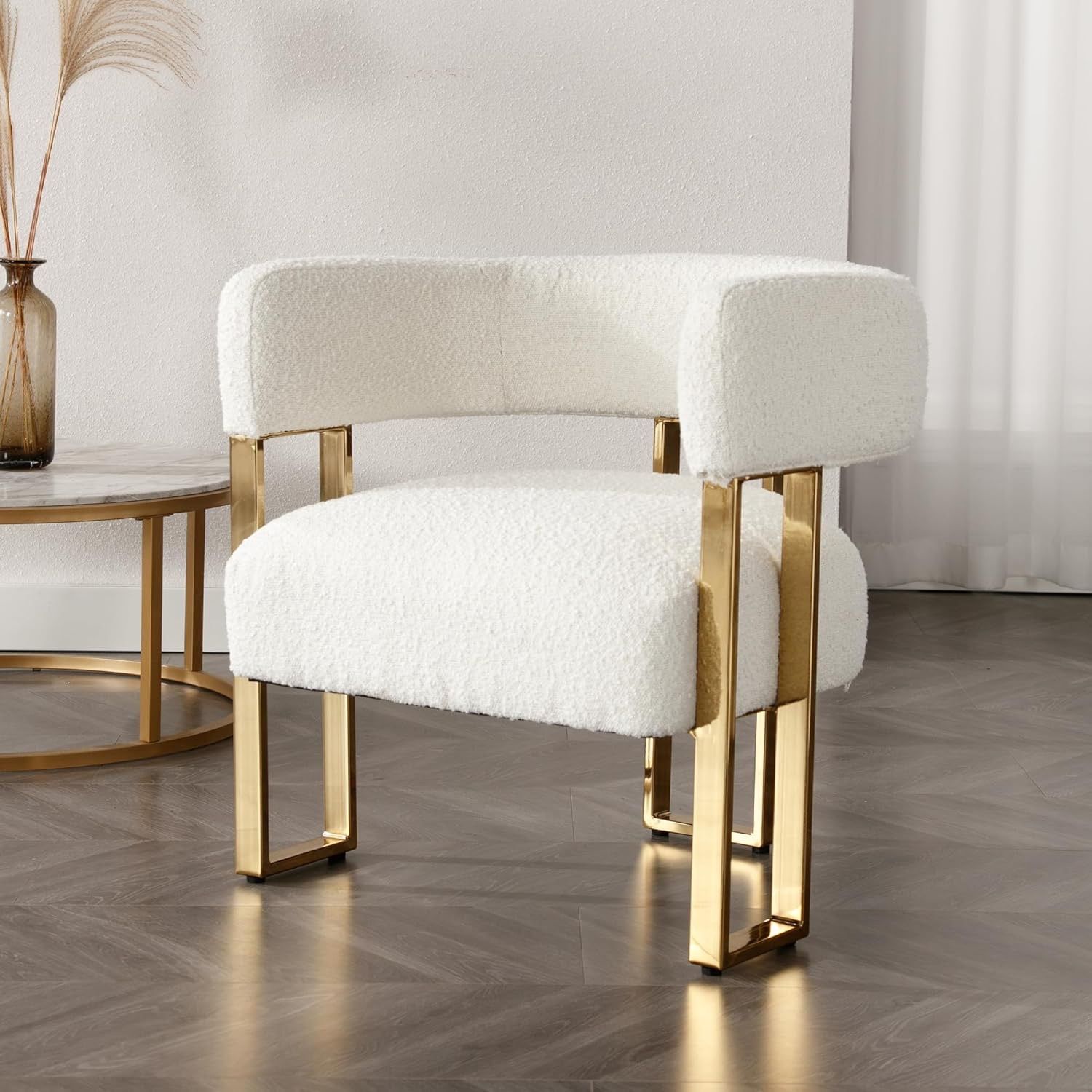 Modern Boucle Barrel Accent Chair Living Room Side Chair with Golden Metal Legs Soft Sherpa Upholstered Reading Armchair for Bedroom/Reception Room/Lo