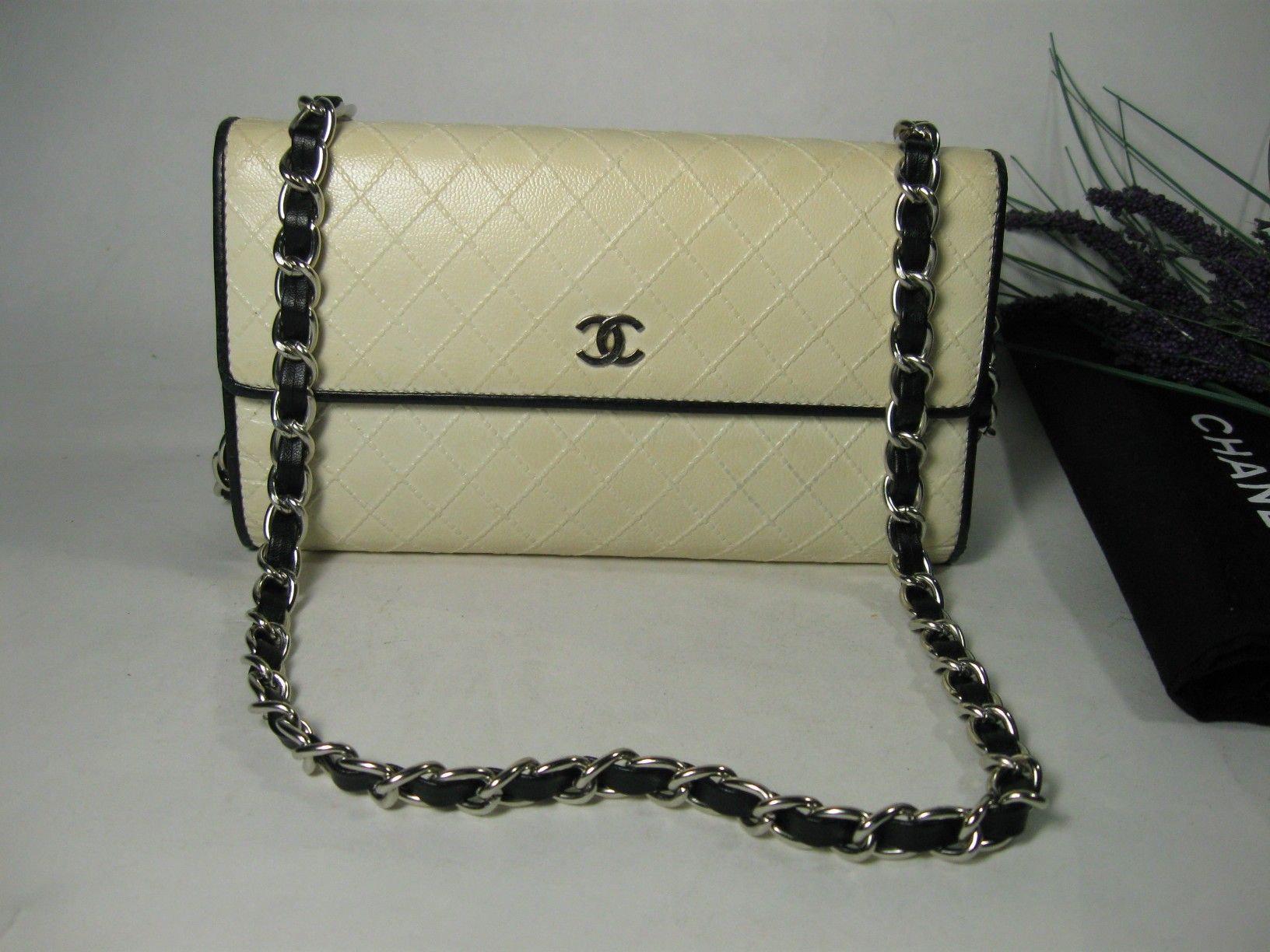 Chanel Cream Black Calfskin Leather CC Long Bag Wallet