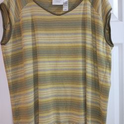 Liz Claiborne 3X Summer T Shirt Cap Sleeves, Green, Tan, Yellow Stripes