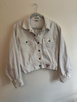 Guess White Cropped Denim Jacket with Logo Patch