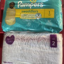 Pampers Swaddlers size 1 (32count) & Parents choice size 2 (36 Count)
