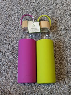 HD Designs 18oz Glass Water Bottle w/ Bamboo Lid - Fuchsia And Lime Green