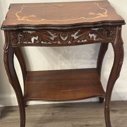 Stunning Antique Louis XV Style Marquetry Inlay Table — Pierced Carved Apron, Cabriole Legs