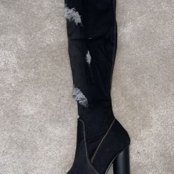 Black Denim Distressed Thigh High Boots