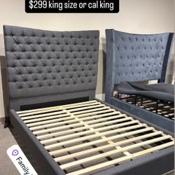 King Or Cal King Tall Headboard Fabric Grey Color Bed Frame NEW