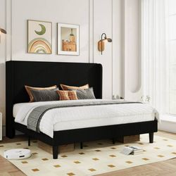 King Size Platform Bed Frame with Velvet Upholstered Wingback Headboard, Black