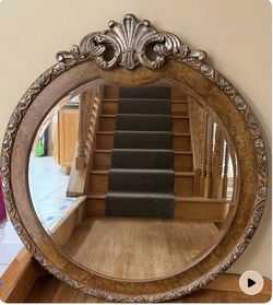 Stunning rich burl wood frame complemented by an ornate carved crest and silver-gilt detailing wood wall mirror (44" x 50") – Statement Piece!