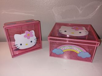 Vintage 2005 Hello Kitty Set Of 2 Pink Clear Plastic Storage Boxes W/Lids