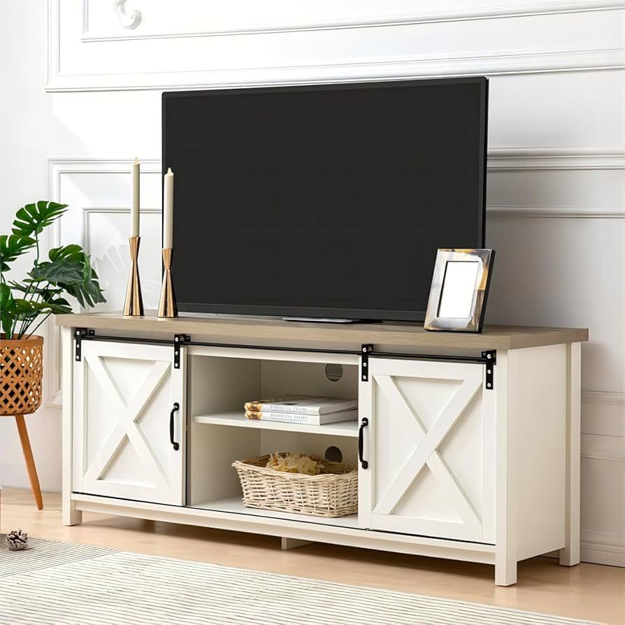 Modern Farmhouse TV Stand with Sliding Barn Doors, Media Entertainment Center Table for TVs up to 65”,2-Tier Large Storage Cabinets,Rustic