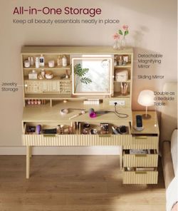 Vanity Desk with Sliding Mirror and Lights, 5 Drawers Contemporary Makeup Vanity, Charging Station, Jewelry Storage, Oak Beige, MAXE Collection URDT13