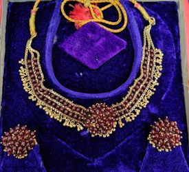 Gold-Toned Red Bead Necklace and Earrings Set