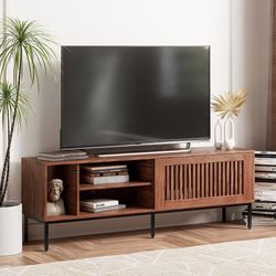 Farmhouse TV Stand for 65-70 Inch TVs with Sliding Barn Door, Metal Frame & Adjustable Shelves - Rustic Brown Entertainment Center Media C