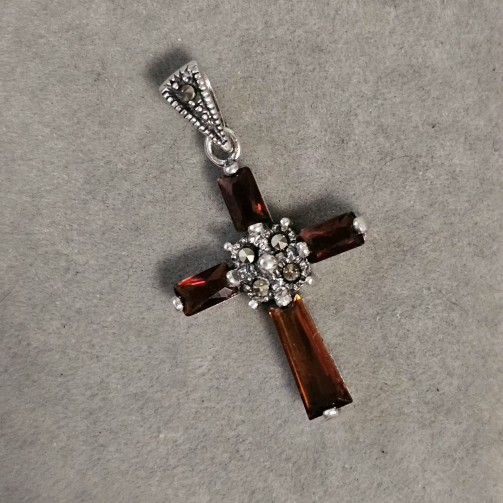 Sterling Silver Cross Brown Crystals & Marcasite