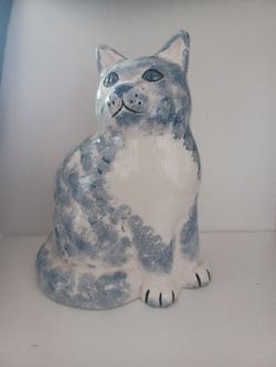 Large Blue Cat 80s Ceramic Cornflower Sponge Figurine Statue 1980s Farm House Decor Speckled Whimsical Calico