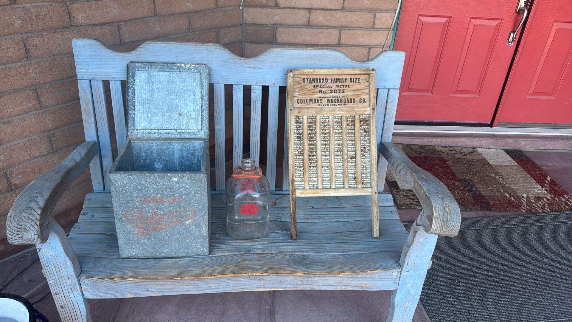 Vintage Milk Storage, Milk Bottle And Wash Board.