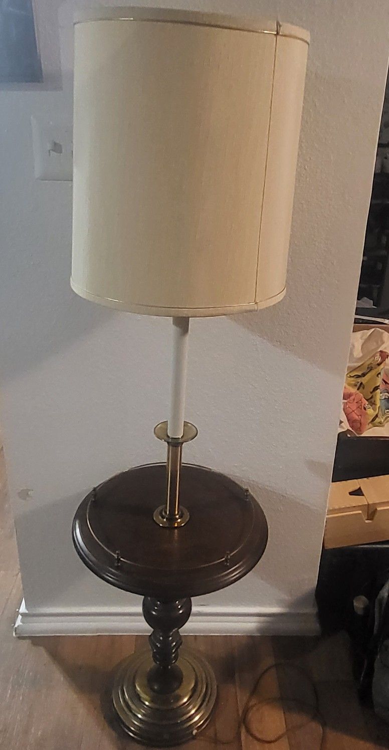 Vintage Stiffel Brass Floor Lamp With Built In Wood Table