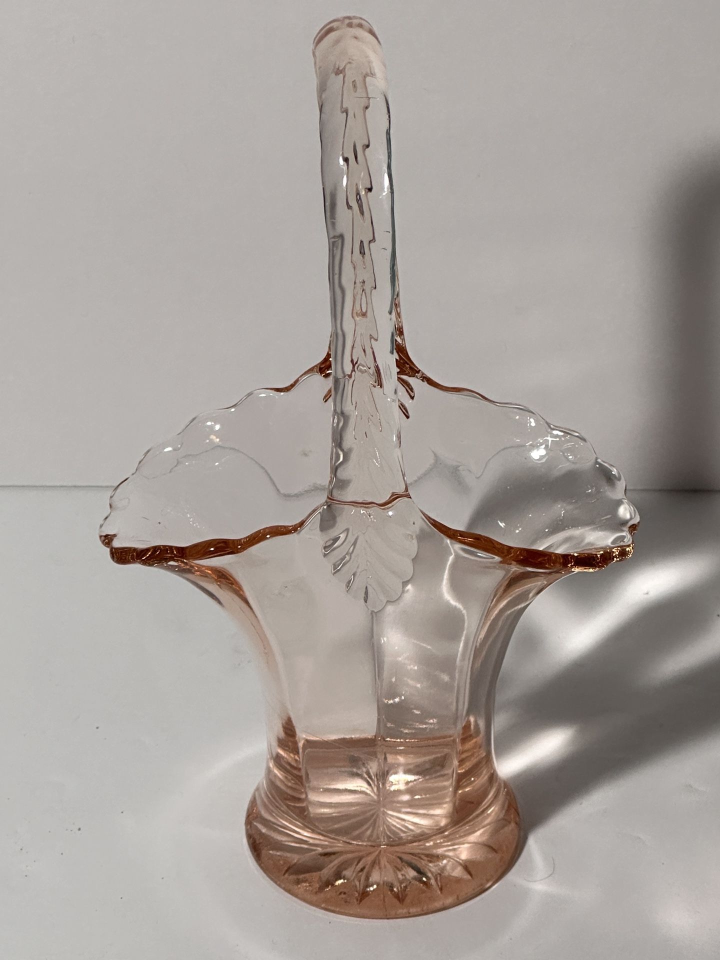Westmoreland 7" pink depression glass basket with ruffled edge & ribbed handle