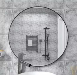 32 in. W x 32 in. H Round Metal Framed Wall Bathroom Vanity Mirror in Black