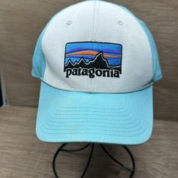 Patagonia Logo Trucker Hat Cap Snapback Blue Distressed Adjustable Teal