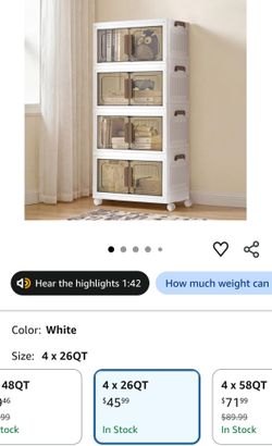 26QT stackable storage bins with 1 Lid, 4-Tier Foldable Bins
Collapsible Cabinet, PP Plastic, Magnetic Doors and wheels, 17.7 x 10.2 x 35.8 inch, Whit