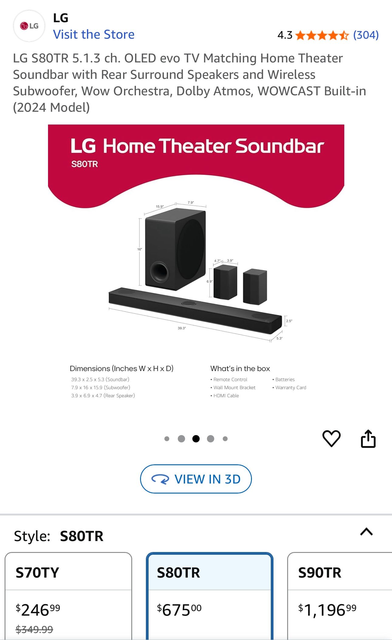 LG S80TR 5.1.3 ch. OLED evo TV Matching Home Theater Soundbar with Rear Surround Speakers and Wireless Subwoofer