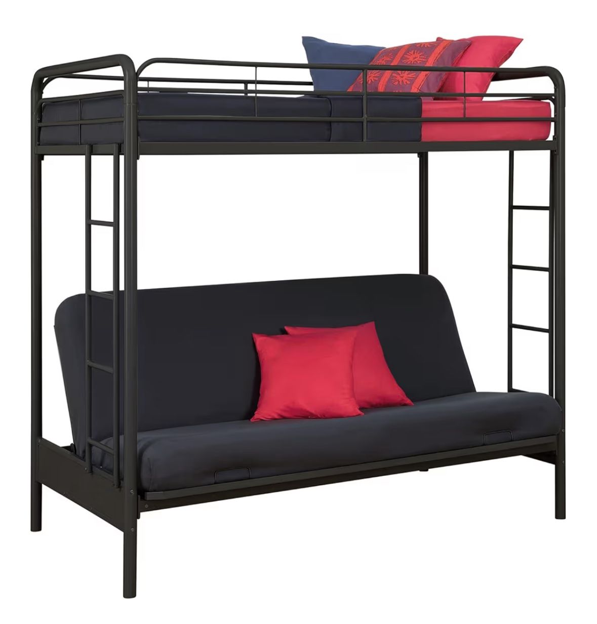 DHP Twin-Over-Futon Convertible Couch and Bed with Metal Frame, Ladder and Guardrails - Black