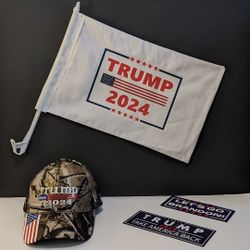 Trump 2024 Car Flag, Hat & Bumper Sticker. MAGA Donald Trump