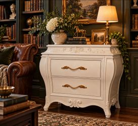 Elegant French Provincial Bombe Style 2-Drawer oversized Accent Cabinet – Ornate Cream & Gold – Living Room bedroom or Entryway
