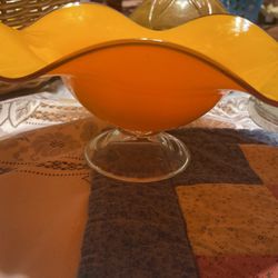 Vintage Yellow Ruffled Glass Bowl 