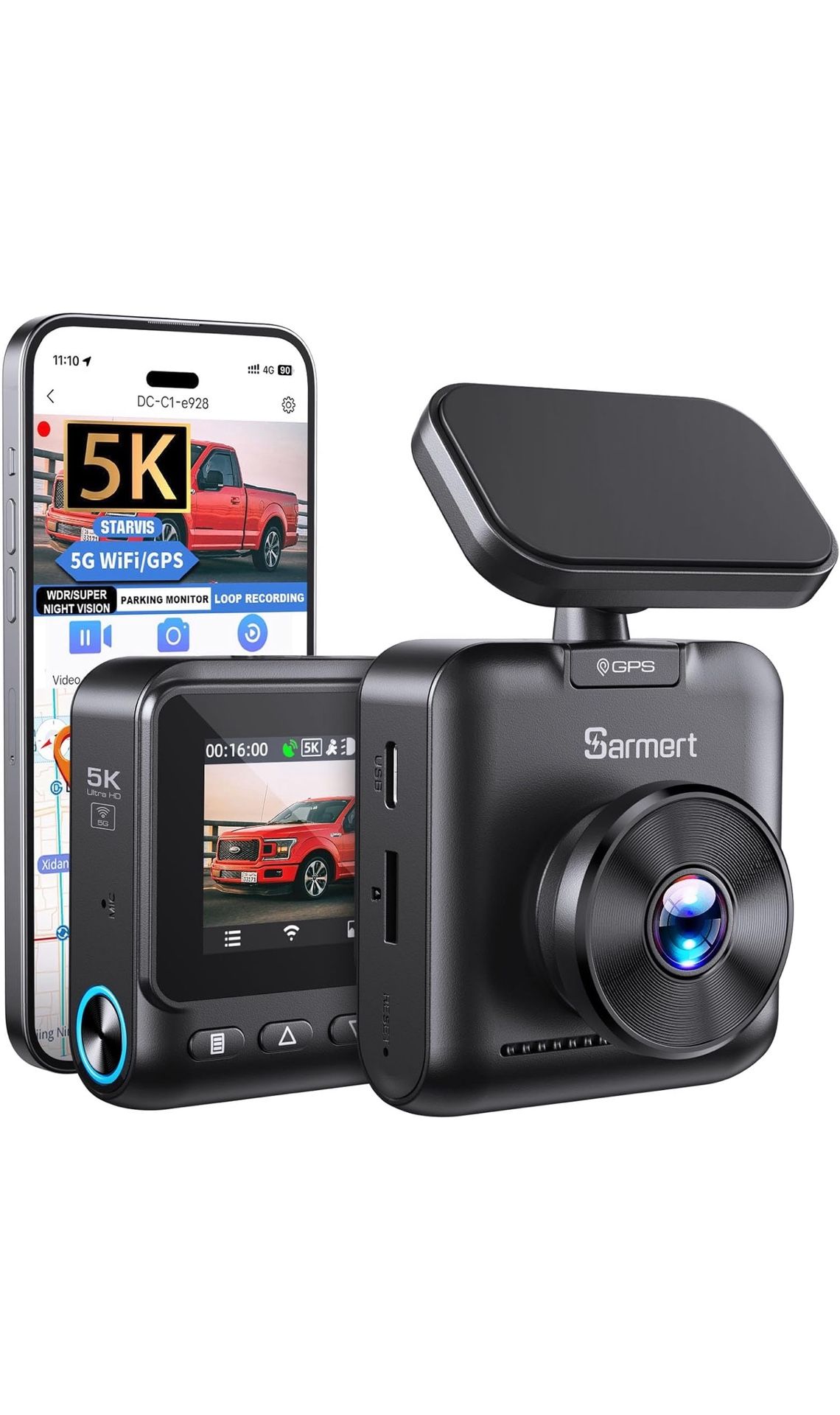 Sarmert C1 5K Dash Cam Front - Built-in GPS and 5G WiFi, Sony STARVIS Sensor, HDR Night Vision Car Camera, 5K/4K/2.5K UHD Dash Camera for Cars, Loop R