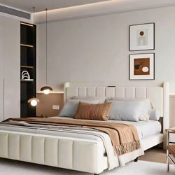 New Modern QUEEN & KING SIZE  BED FRAME UPHOLSTERED W/ HEADBOARD AND USB Outlet, Beige AND Gray 