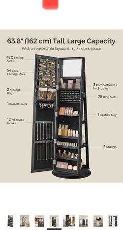 360° Rotating Jewelry Cabinet, Lockable Jewelry Organizer with Full-Length Mirror, Rear Storage Shelves, Interior Mirror, Jewelry Armoire, Gift Idea, 
