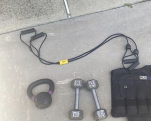 Weight package - PAIR of 10 pound dumbbells, 13 pound kettlebell + High quality resistance band