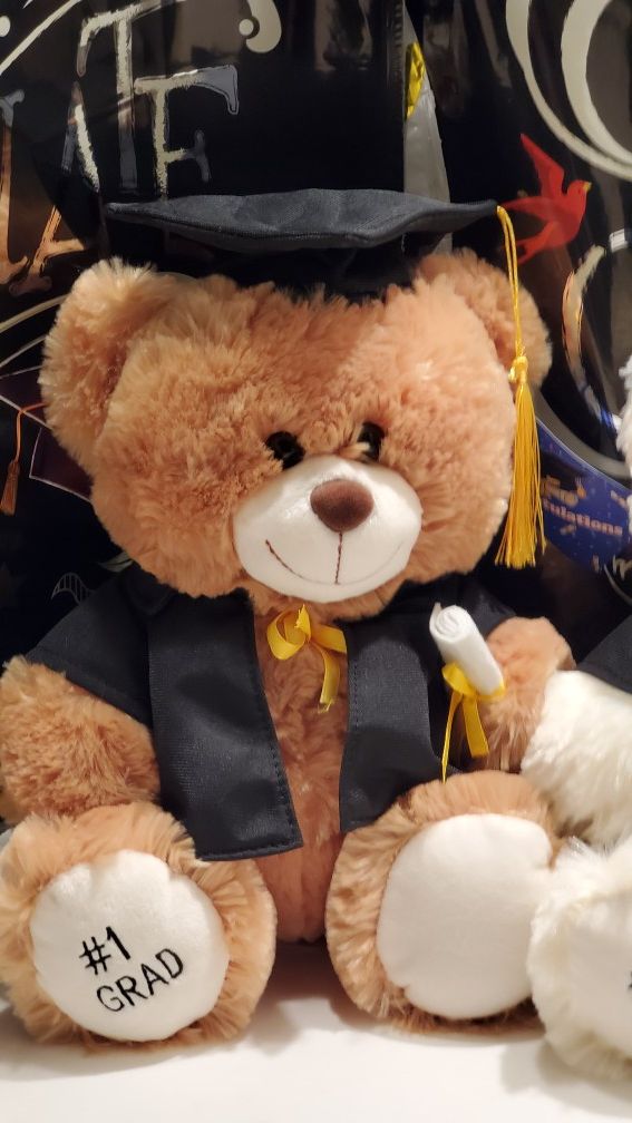 Beatiful Large Graduation Plush Teddy Bear # 1 Grad with Black Gown and Cap and Diploma/Brown or Off White /Hablamos Espanol