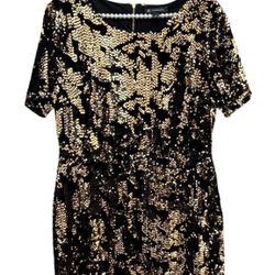 INC INT’L CONCEPTS Womens L Black Velvet Gold Sequin Short Sleeve Cocktail Dress