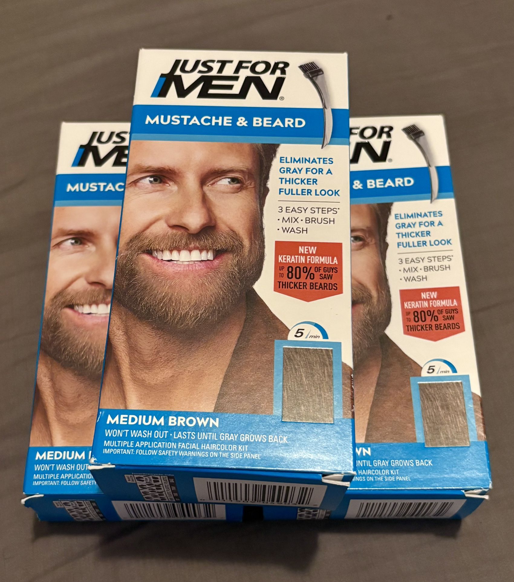 3 Pack - Just For Men Mustache & Beard, Beard Coloring for Gray Hair with Brush, With Keratin (M-35), Medium Brown