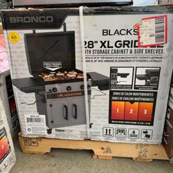 Blackstone Bronco Outdoor Griddle, 3-Burner 28" XL Propane Flat Top Grill with Side Shelves and Cabinet, Gray