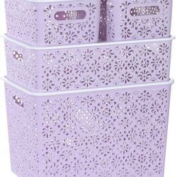 ANMINY Plastic Storage Baskets Set with Handles Removable Lids Stackable Lidded Bins Boxes Home Kitchen Cubes Closet Shelf Organizer Containers Weave 