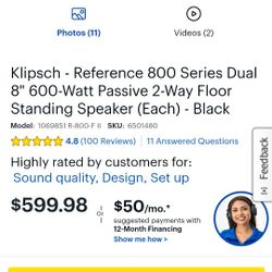 Klipsch R 800 FII  Floor Speaker. (1). $400 Pickup In Oakdale 