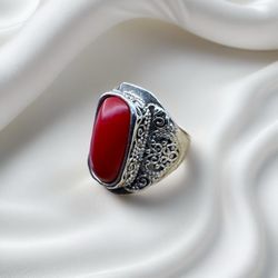 Stunning Bohemian Red Turquoise Oval Elongated Resin Gemstone Steel Alloy Ring