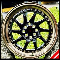 New 18" TL TURBO 18X8.5 5X114.3 / 5x100 ET35 CB73.1 GLOSS BLACK / BRONZE LIP / GOLD RIVETS