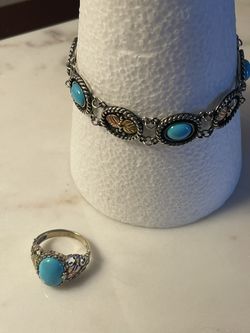 10K Black Hills Gold Turquoise Ring And Lobster Claw Bracelet
